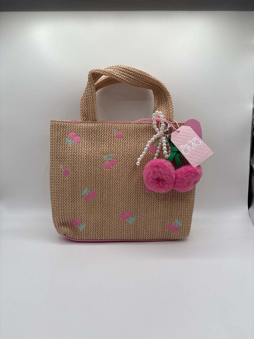 Miss Gwen's OMG Accessories Cherry Patched Straw Mini Tote Bag with Charm NWT
